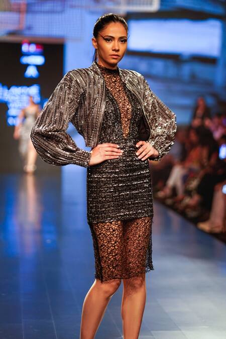 Shop_Rudraksh Dwivedi_Silver Plastic Sequin Trim And Tulle Lining Butter Crepe Platinum Cropped Jacket_Online_at_Aza_Fashions