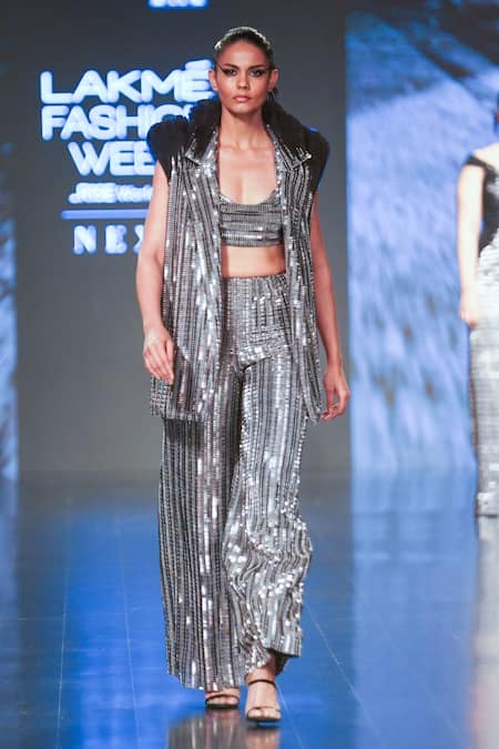 Buy_Rudraksh Dwivedi_Silver Plastic Sequin Trim And Tulle Lining Butter Crepe Platinum Blazer_Online_at_Aza_Fashions