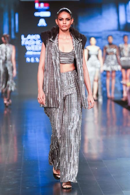 Shop_Rudraksh Dwivedi_Silver Plastic Sequin Trim And Tulle Lining Butter Crepe Platinum Blazer_Online_at_Aza_Fashions