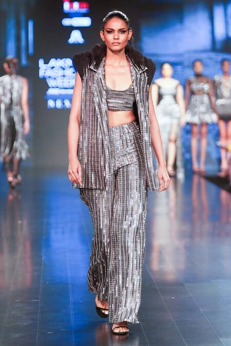 Rudraksh Dwivedi_Grey Plastic Sequin Trim And Tulle Lining Butter Crepe Platinum Bralette_Online_at_Aza_Fashions