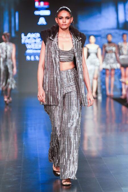 Rudraksh Dwivedi_Grey Plastic Sequin Trim And Tulle Lining Butter High Waist Platinum Trouser_Online_at_Aza_Fashions