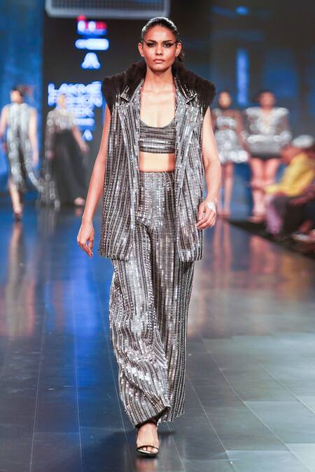 Buy_Rudraksh Dwivedi_Grey Plastic Sequin Trim And Tulle Lining Butter High Waist Platinum Trouser_Online_at_Aza_Fashions