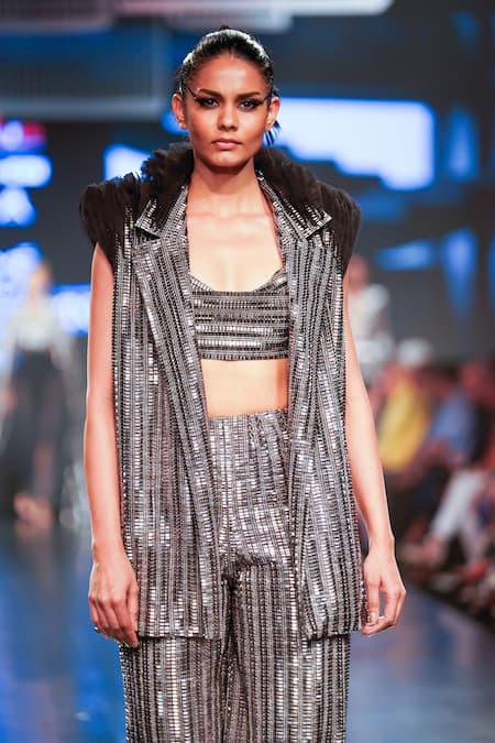 Rudraksh Dwivedi_Silver Plastic Sequin Trim And Tulle Lining Butter Crepe Platinum Blazer_at_Aza_Fashions