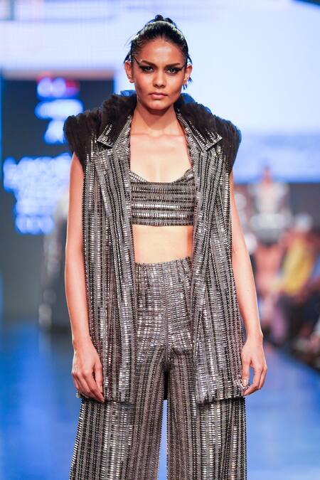 Buy_Rudraksh Dwivedi_Grey Plastic Sequin Trim And Tulle Lining Butter Crepe Platinum Bralette_Online_at_Aza_Fashions