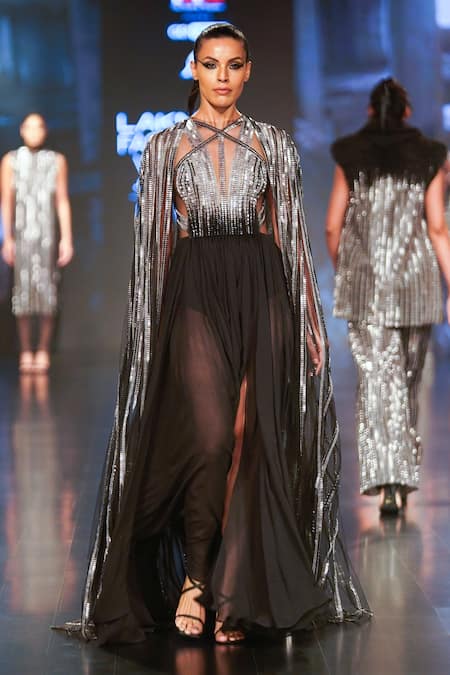 RUDRAKSH DWIVEDI_Silver Plastic Sequin Trim And Tulle Lining Butter Crepe Platinum Flared Cape_Online_at_Aza_Fashions