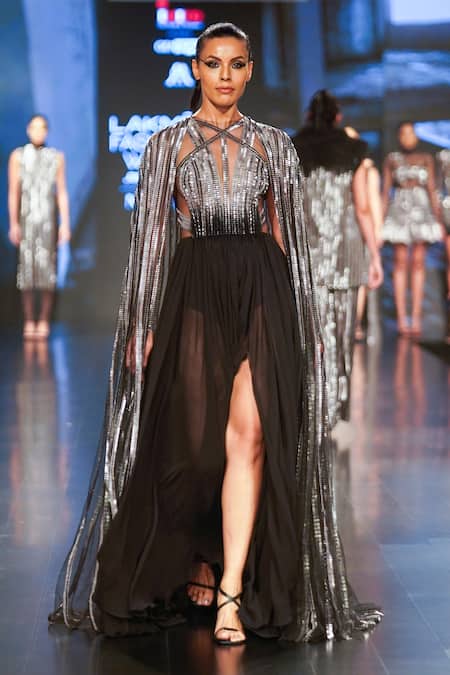 Buy_RUDRAKSH DWIVEDI_Silver Plastic Sequin Trim And Tulle Lining Butter Crepe Platinum Flared Cape_Online_at_Aza_Fashions