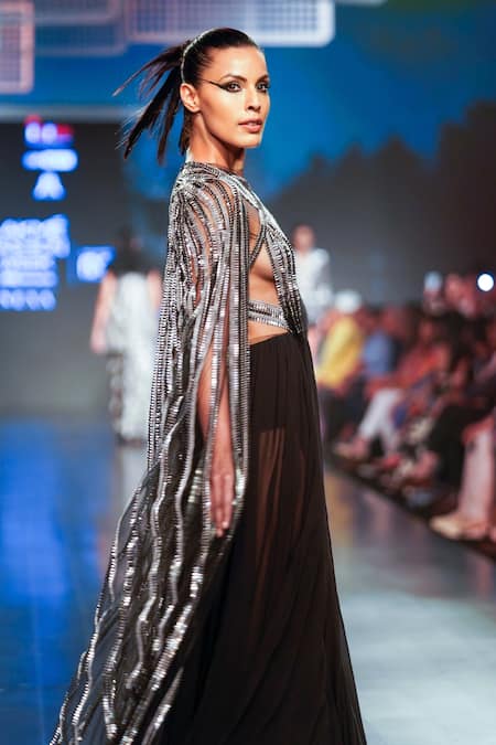 Shop_RUDRAKSH DWIVEDI_Silver Plastic Sequin Trim And Tulle Lining Butter Crepe Platinum Flared Cape_Online_at_Aza_Fashions