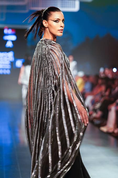 RUDRAKSH DWIVEDI_Silver Plastic Sequin Trim And Tulle Lining Butter Crepe Platinum Flared Cape_at_Aza_Fashions