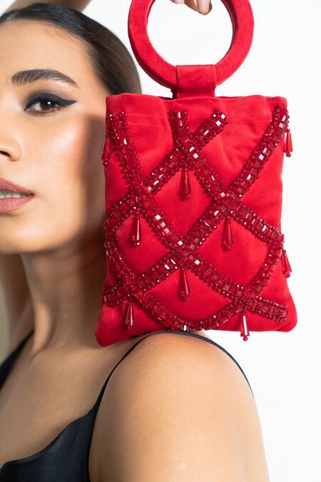 Aomidori Shimai Red Embellished Madonna Crystal Drop Bag Online at Aza Fashions Aomidori Shimai_Red Embellished Madonna Crystal Drop Bag_Online_at_Aza_Fashions