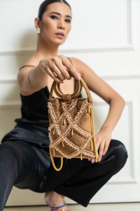 Aomidori Shimai_Gold Embellished Rekha Checkered Pattern Bag With Sling_at_Aza_Fashions