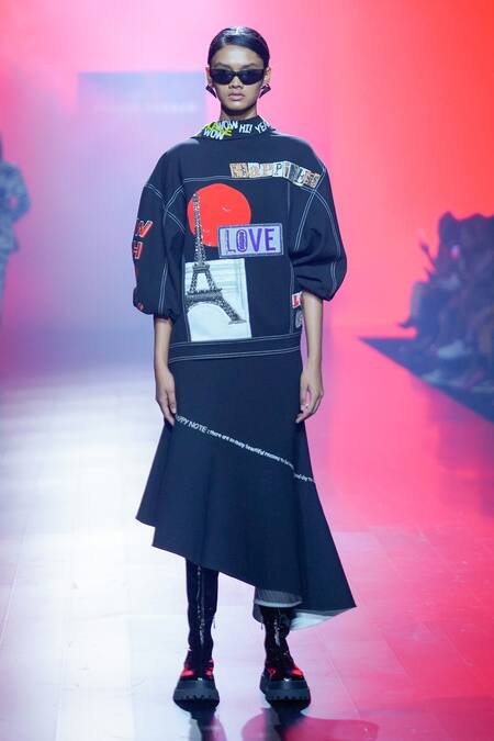 Shahin Mannan_Black Satin Asymmetric Skirt _Online_at_Aza_Fashions