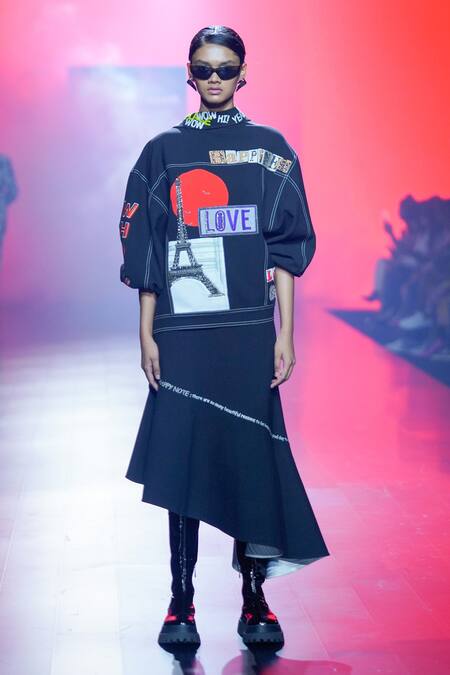 Shahin Mannan_Black Satin Embroidery Collared Good Times Roll Oversized Jacket _Online_at_Aza_Fashions