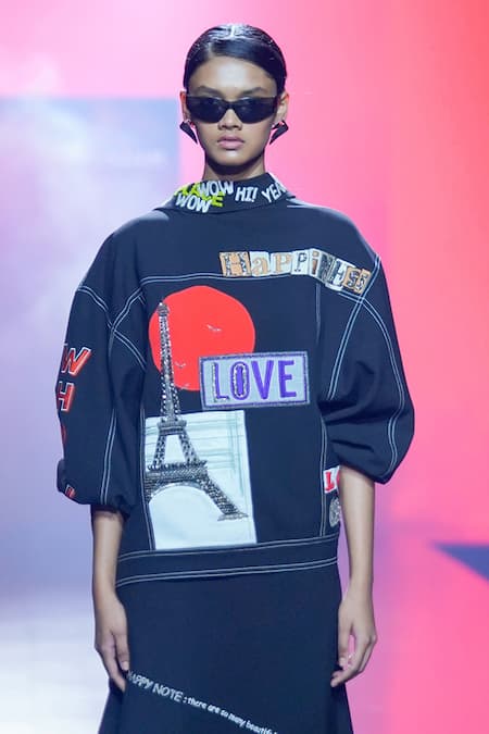 Shahin Mannan_Black Embroidery Collared Good Times Roll Oversized Jacket With Skirt _at_Aza_Fashions