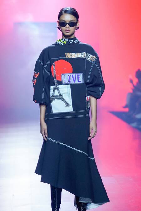 Buy_Shahin Mannan_Black Satin Embroidery Collared Good Times Roll Oversized Jacket _Online_at_Aza_Fashions