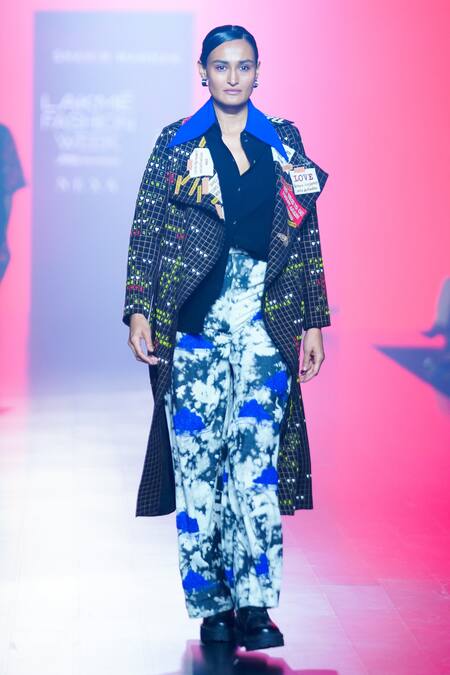 Shahin Mannan_Black Crepe, Cotton Embroidery Collared, Asymmetric Crossword Coat And Pant Set _Online_at_Aza_Fashions