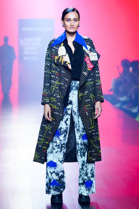 Buy_Shahin Mannan_Black Crepe, Cotton Embroidery Collared, Asymmetric Crossword Coat And Pant Set _Online_at_Aza_Fashions