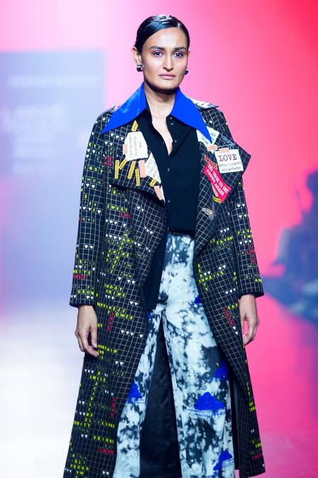 Shop_Shahin Mannan_Black Crepe, Cotton Embroidery Collared, Asymmetric Crossword Coat And Pant Set _Online_at_Aza_Fashions