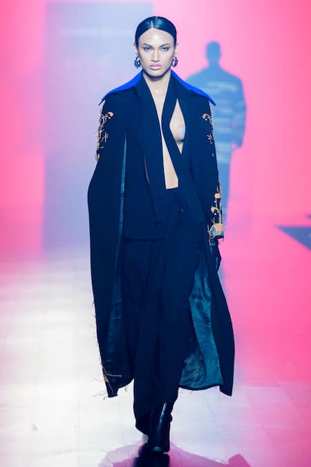 Shahin Mannan_Black Crepe Embroidery Collared Contrast Shirt _Online_at_Aza_Fashions