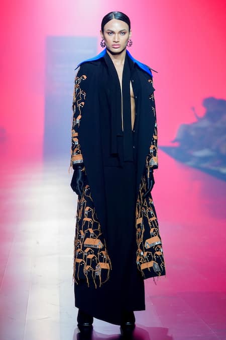 Buy Shahin Mannan Black Crepe Embroidery Tiny Houses Oversized Long Coat Online at Aza Fashions Buy_Shahin Mannan_Black Crepe Embroidery Tiny Houses Oversized Long Coat _Online_at_Aza_Fashions