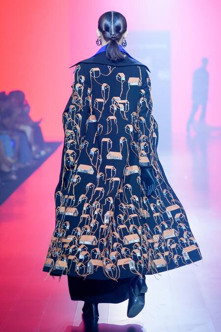 Shop Shahin Mannan Black Crepe Embroidery Tiny Houses Oversized Long Coat Online at Aza Fashions Shop_Shahin Mannan_Black Crepe Embroidery Tiny Houses Oversized Long Coat _Online_at_Aza_Fashions