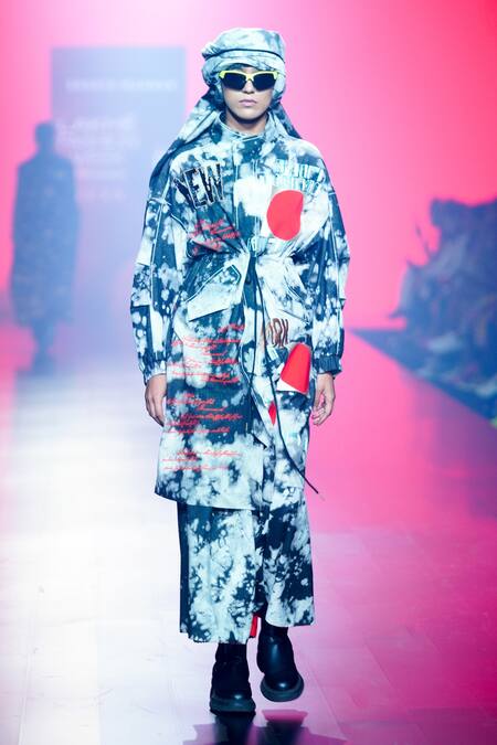 Shop_Shahin Mannan_Grey Denim Embroidery High Neck Scribble Pattern Parka Jacket _Online_at_Aza_Fashions