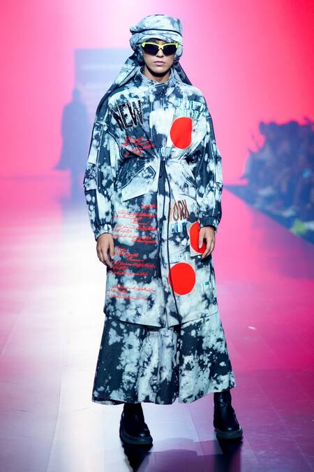 Shahin Mannan Grey Denim Beads Circular Flared Skirt at Aza Fashions Shahin Mannan_Grey Denim Beads Circular Flared Skirt _at_Aza_Fashions