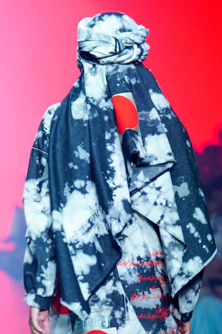 Shahin Mannan_Grey Embroidery Two Tone Scarf _at_Aza_Fashions