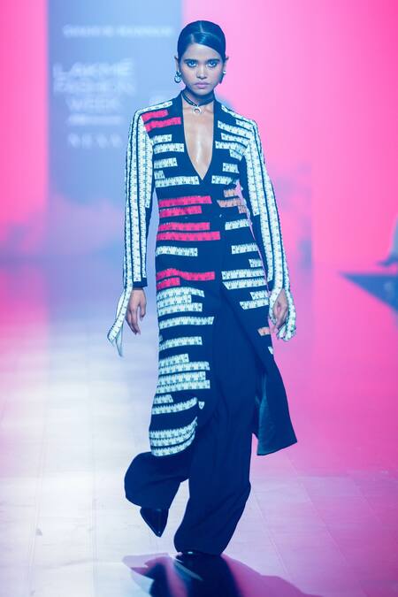 Shahin Mannan_Black Crepe Beads, Sequins V-neck Measuring Tape Applique Dress _Online_at_Aza_Fashions