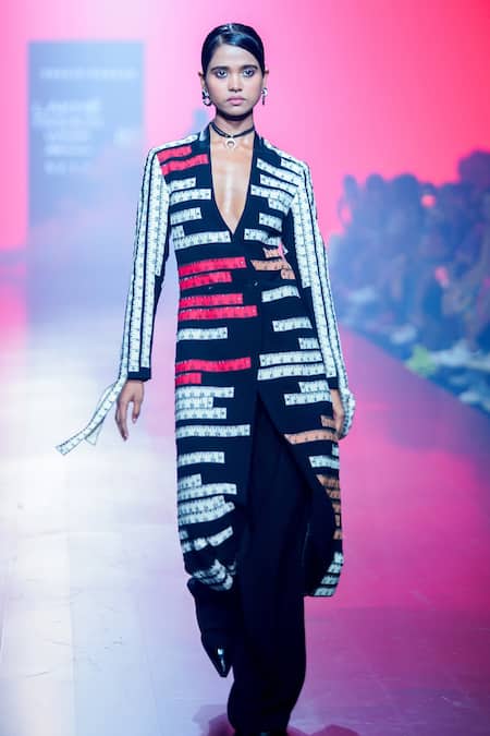 Shop_Shahin Mannan_Black Crepe Beads, Sequins V-neck Measuring Tape Applique Dress _Online_at_Aza_Fashions