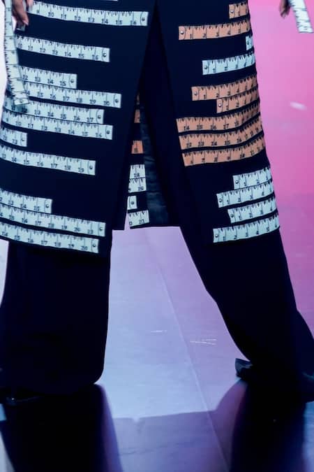 Shahin Mannan Black Crepe Beads V-neck Measuring Tape Applique Dress With Flared Pant at Aza Fashions Shahin Mannan_Black Crepe Beads V-neck Measuring Tape Applique Dress With Flared Pant _at_Aza_Fashions