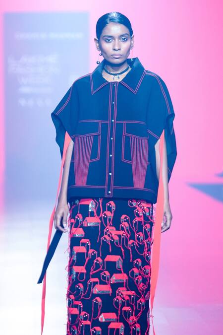 Shahin Mannan Black Crepe Embroidery Oversize Shirt Jacket With Tiny Houses Pattern Skirt Online at Aza Fashions Shahin Mannan_Black Crepe Embroidery Oversize Shirt Jacket With Tiny Houses Pattern Skirt _Online_at_Aza_Fashions