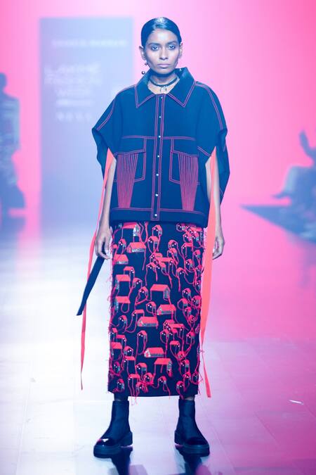 Shahin Mannan_Black Crepe Embroidery Collared Oversize Shirt Jacket _Online_at_Aza_Fashions