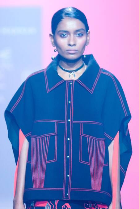 Buy_Shahin Mannan_Black Crepe Embroidery Collared Oversize Shirt Jacket _Online_at_Aza_Fashions