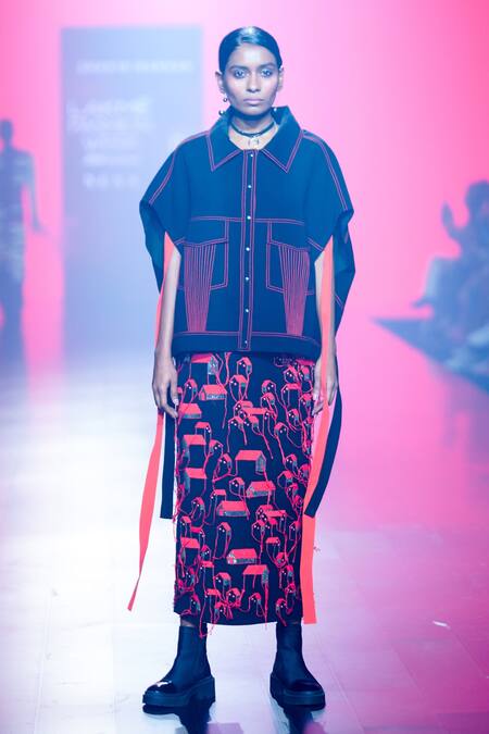 Shop Shahin Mannan Black Crepe Embroidery Oversize Shirt Jacket With Tiny Houses Pattern Skirt Online at Aza Fashions Shop_Shahin Mannan_Black Crepe Embroidery Oversize Shirt Jacket With Tiny Houses Pattern Skirt _Online_at_Aza_Fashions