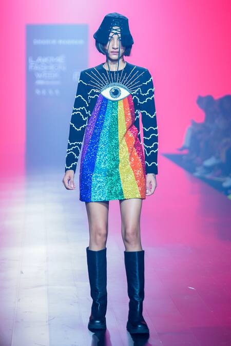 Shahin Mannan_Black Crepe Sequins, Beads Round Neck Eye And Rainbow Embroidered Dress _Online_at_Aza_Fashions