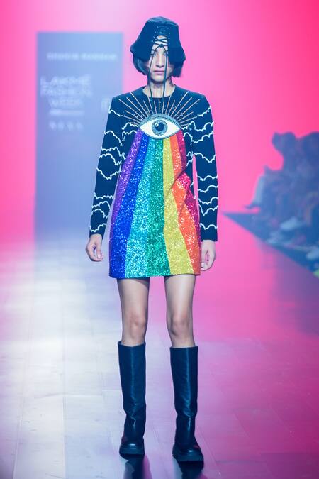 Shahin Mannan_Black Crepe Beads, Sequins Round Neck Eye And Rainbow Hand Embroidered Dress _Online_at_Aza_Fashions