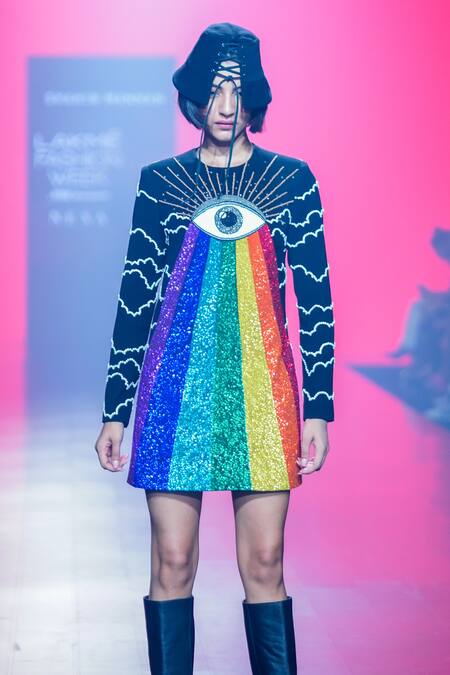 Buy_Shahin Mannan_Black Crepe Beads, Sequins Round Neck Eye And Rainbow Hand Embroidered Dress _Online_at_Aza_Fashions