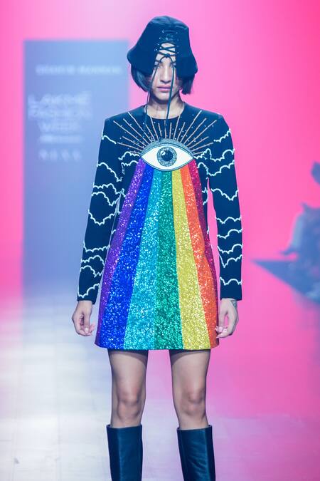 Buy_Shahin Mannan_Black Crepe Sequins, Beads Round Neck Eye And Rainbow Embroidered Dress _Online_at_Aza_Fashions