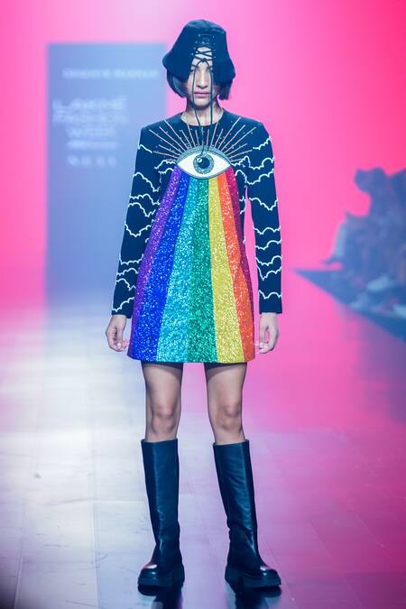 Shop_Shahin Mannan_Black Crepe Beads, Sequins Round Neck Eye And Rainbow Hand Embroidered Dress _Online_at_Aza_Fashions