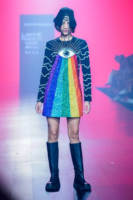 Shop_Shahin Mannan_Black Crepe Sequins, Beads Round Neck Eye And Rainbow Embroidered Dress _Online_at_Aza_Fashions