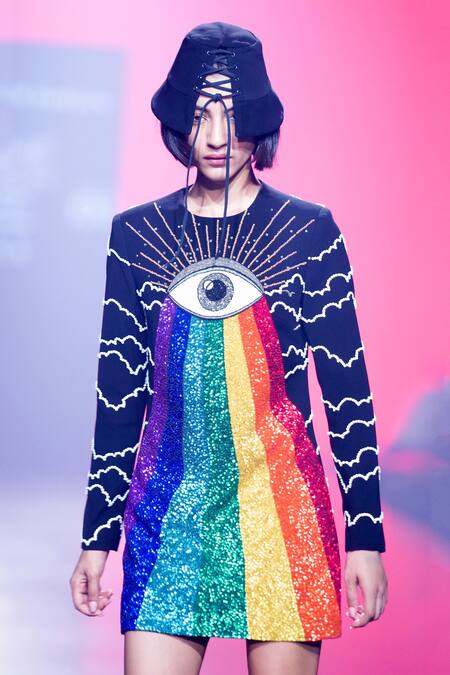 Shahin Mannan_Black Crepe Beads, Sequins Round Neck Eye And Rainbow Hand Embroidered Dress _at_Aza_Fashions