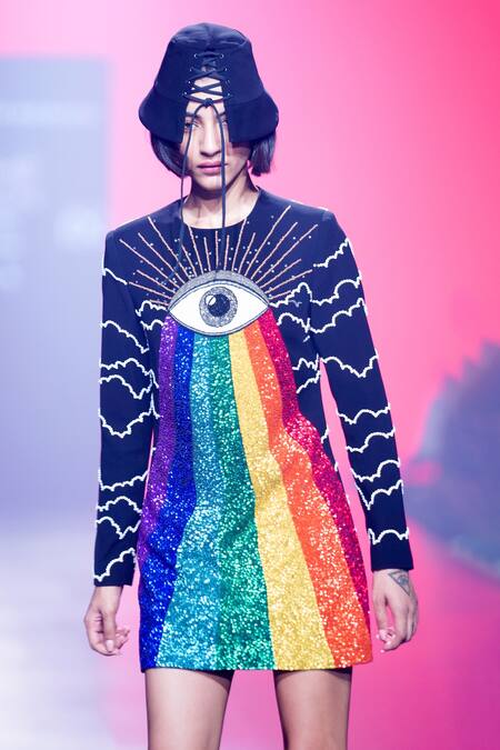 Shahin Mannan_Black Crepe Sequins, Beads Round Neck Eye And Rainbow Embroidered Dress _at_Aza_Fashions