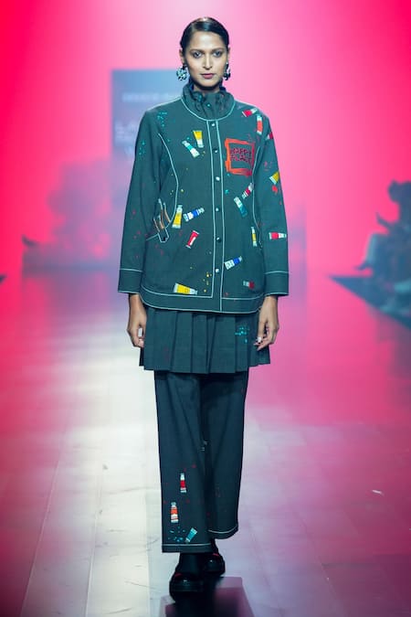 Shahin Mannan_Grey Cotton Embroidery High Neck Paint Tube Shirt Jacket Pant Set _Online_at_Aza_Fashions