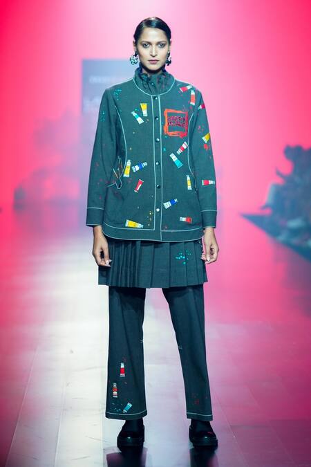 Shop Shahin Mannan Grey Cotton Embroidery Paint Splash Pant Online at Aza Fashions Shop_Shahin Mannan_Grey Cotton Embroidery Paint Splash Pant _Online_at_Aza_Fashions