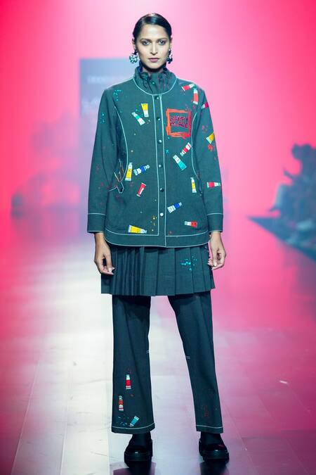 Buy_Shahin Mannan_Grey Cotton Embroidery High Neck Paint Tube Shirt Jacket Pant Set _Online_at_Aza_Fashions