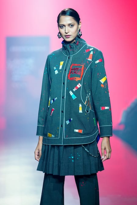 Shop_Shahin Mannan_Grey Pleated Skirt _Online_at_Aza_Fashions