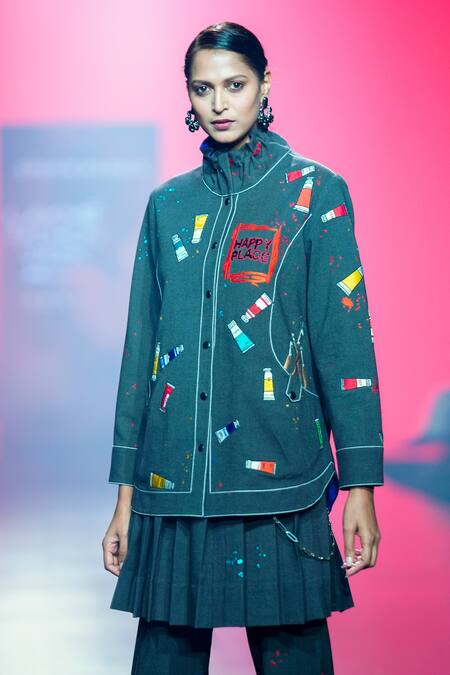 Shop_Shahin Mannan_Grey Cotton Embroidery High Neck Paint Tube Shirt Jacket Pant Set _Online_at_Aza_Fashions