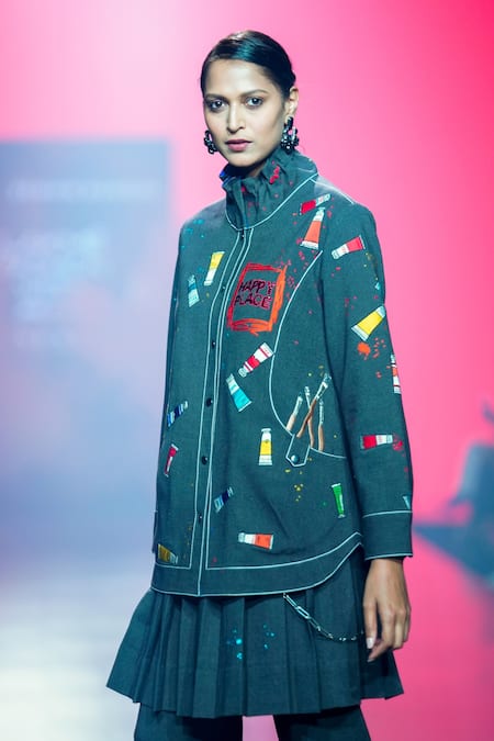 Shahin Mannan_Grey Cotton Embroidery High Neck Paint Tube Shirt Jacket Pant Set _at_Aza_Fashions