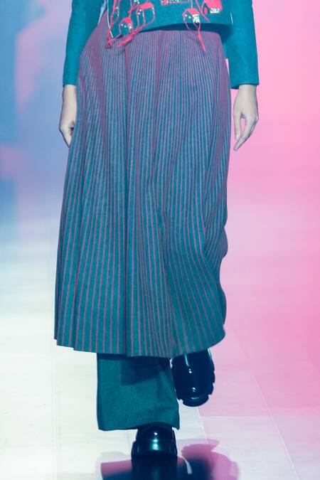 Shahin Mannan_Grey Denim Embroidery Stitch Line Skirt _Online_at_Aza_Fashions