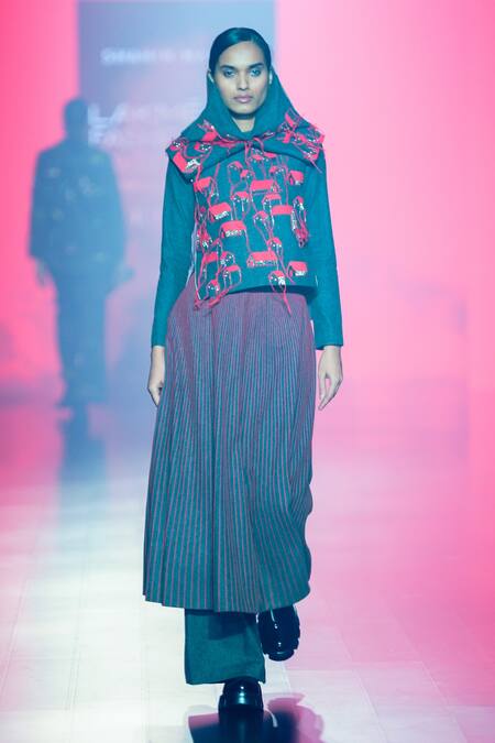 Shahin Mannan Grey Denim Embroidery Round Neck Tiny Houses Top Skirt Set Online at Aza Fashions Shahin Mannan_Grey Denim Embroidery Round Neck Tiny Houses Top Skirt Set _Online_at_Aza_Fashions